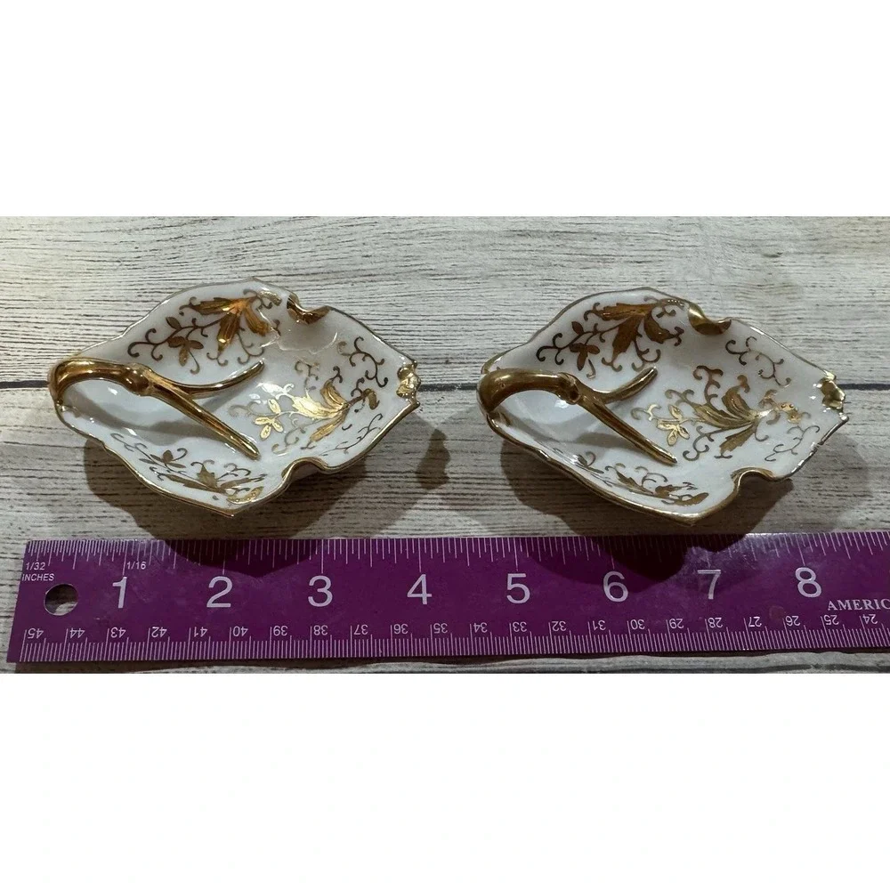 Vintage Lenwile ARDALT Gold Leaf Porcelain Lidded Trinket Dish & 2 Trays RETRO